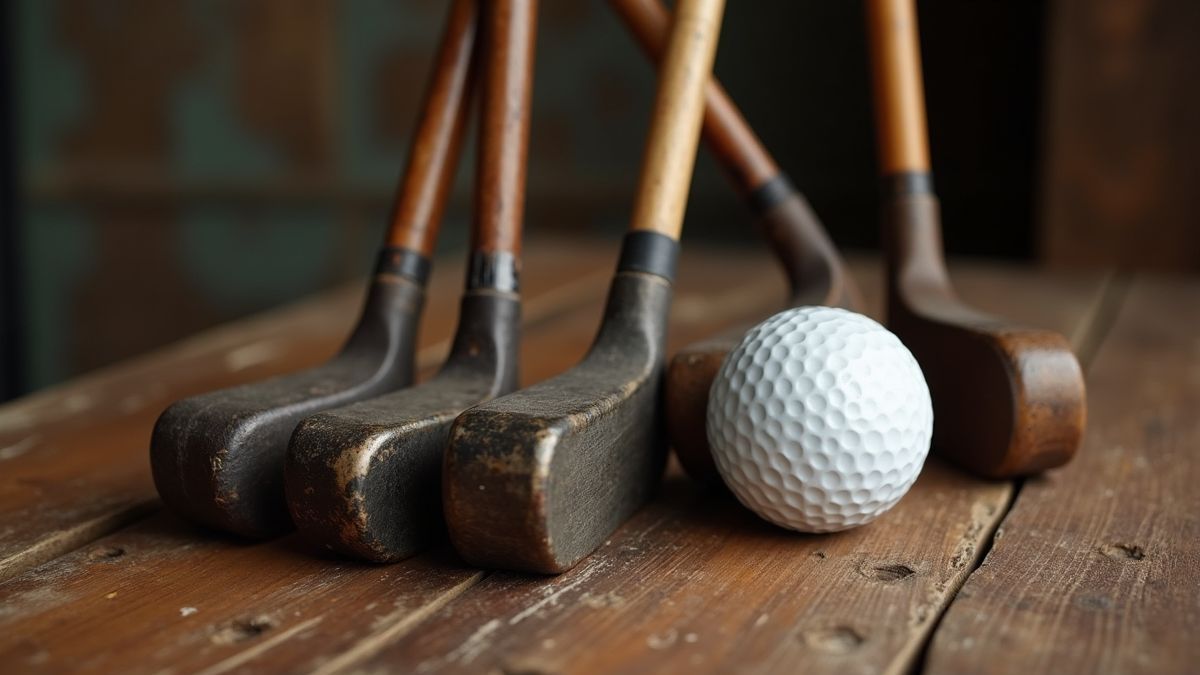 Traditionele golfclubs en een vintage golfbal op een rustieke houten tafel