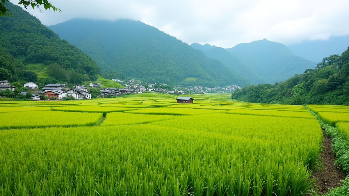 Traditionele Japanse rijstvelden tijdens het oogstseizoen.