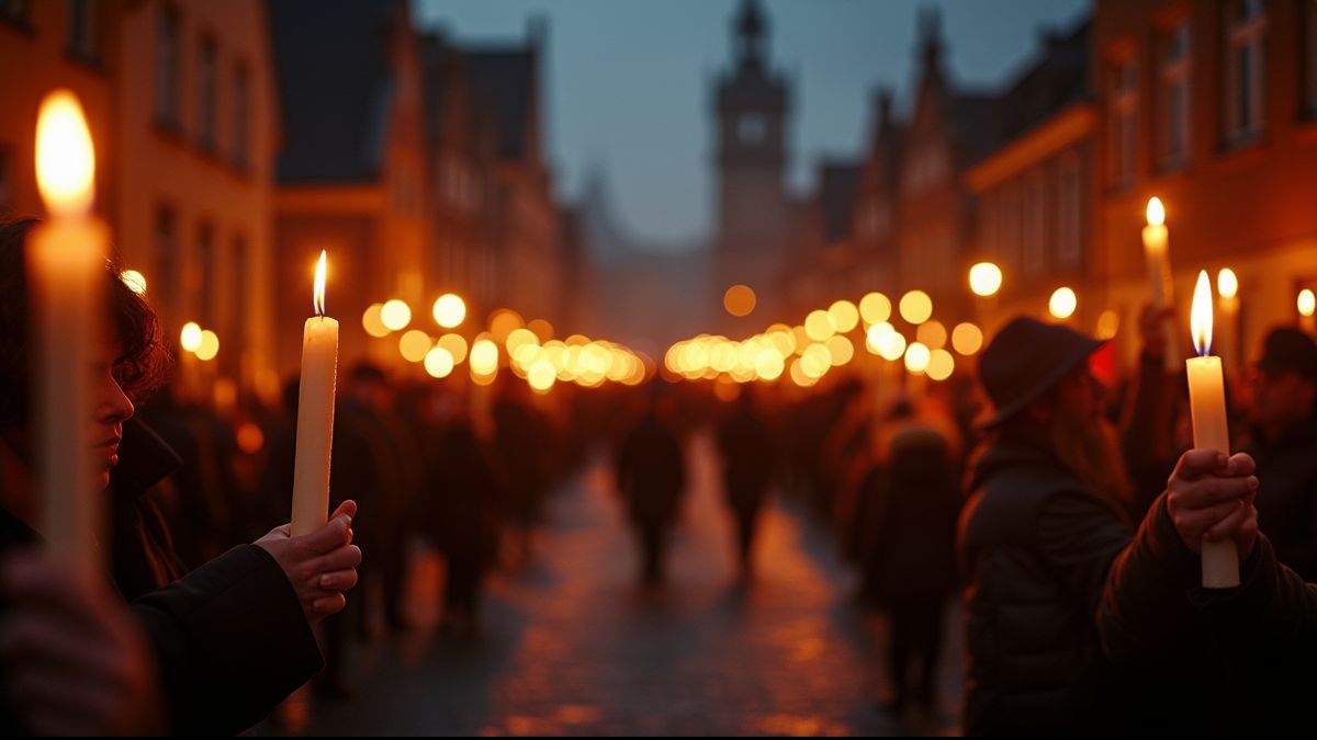 Traditionele kaarsverlichte processie in een Belgisch dorp op Goede Vrijdag