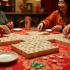 Traditionele mahjong set en spelers in actie.