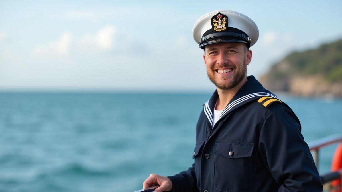 Trots zeeman in uniform aan zee