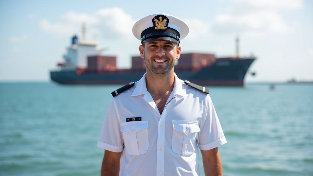 Trots zeeman in uniform aan zee