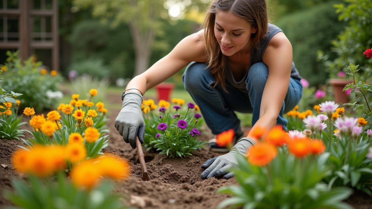 Tuinier plant kleurrijke bloemen in de achtertuin