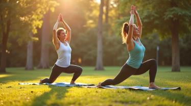 Twee vrouwen doen yoga in een park
