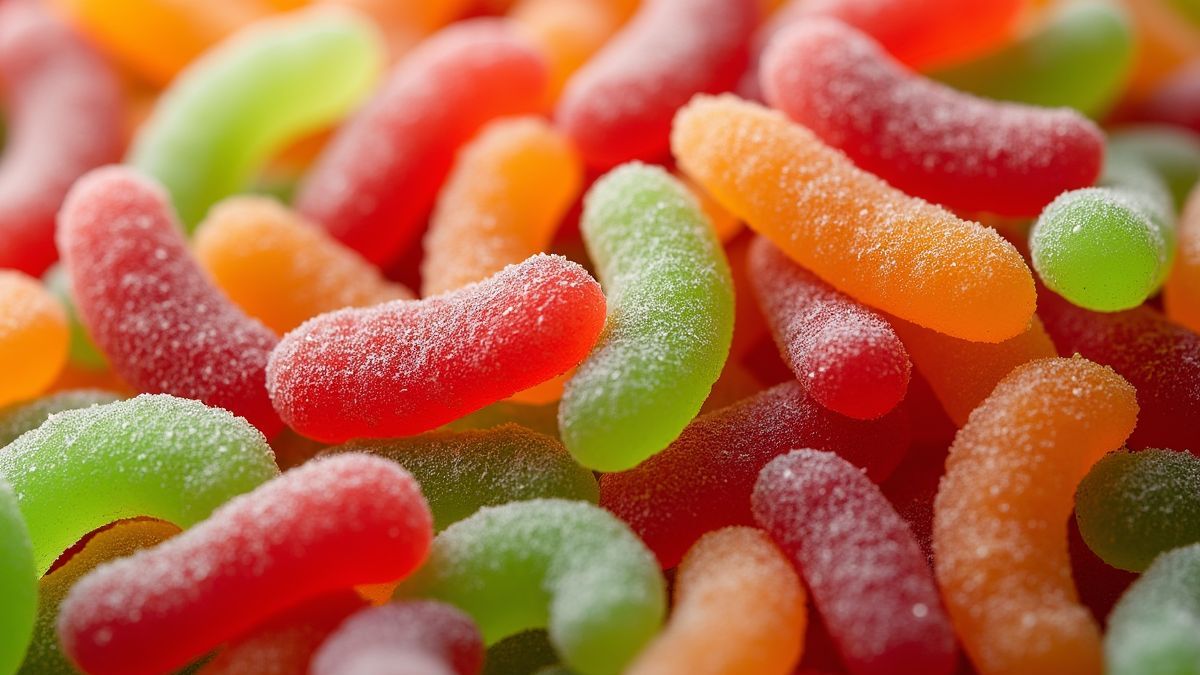 Uiteenlopende soorten zuur snoep in verschillende vormen en kleuren.