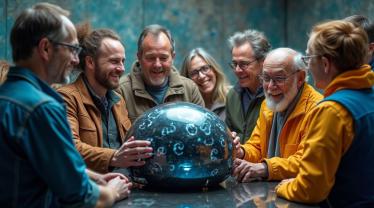 Uitvinders die een futuristische uitvinding vieren.