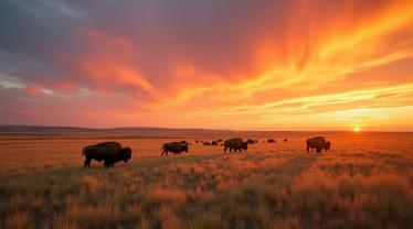 Uitzicht op prairies en grazende bizons bij zonsondergang.