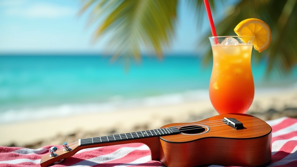 Ukulele op een strandlaken met een tropisch drankje.