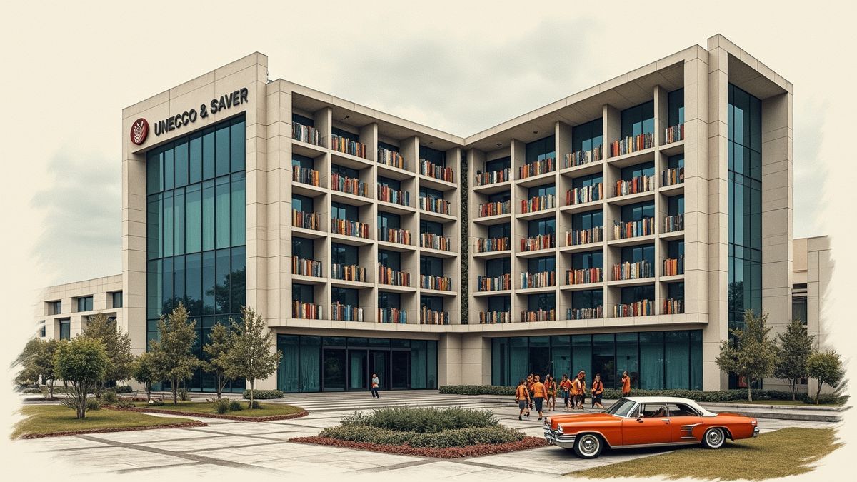 UNESCO gebouw met boeken en literaire symbolen.