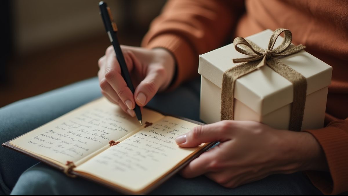 Vader die een gepersonaliseerd cadeau ontvangt met een handgeschreven kaartje.