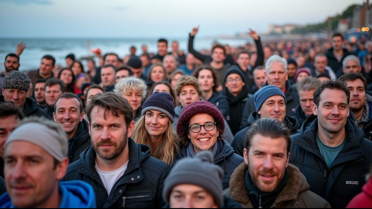 Veelkleurige menigte voor Nieuwjaarsduik