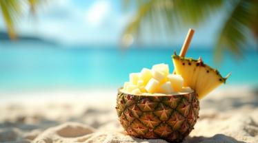 Verfrissende piña colada geserveerd in een kokosnootschaal op een tropisch strand.