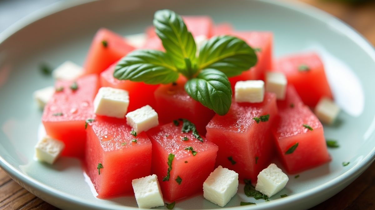 Verfrissende watermeloensalade met munt en feta kaas