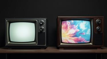 Vergelijking tussen een vintage zwart-wit televisie en een moderne kleuren TV