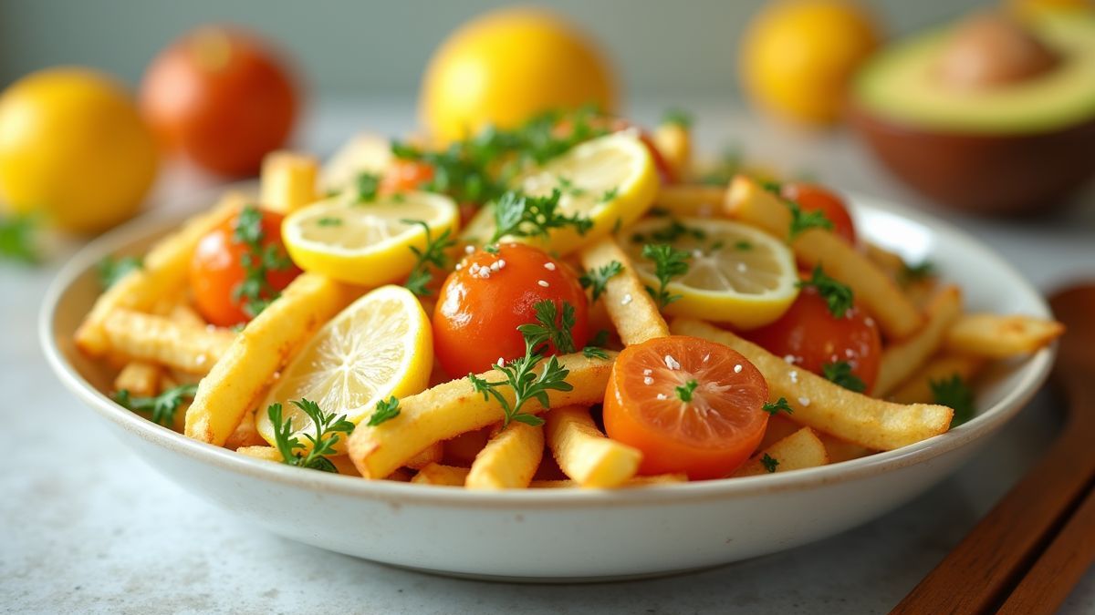 Vers bereide citroensalade naast frietjes als creatief receptidee