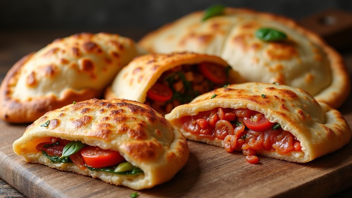 Verschillende calzones met verschillende vullingen op tafel