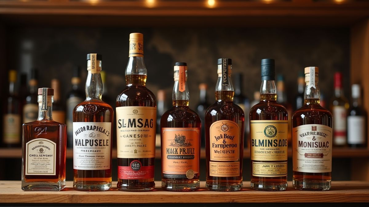 Verschillende flessen bourbon op een houten plank