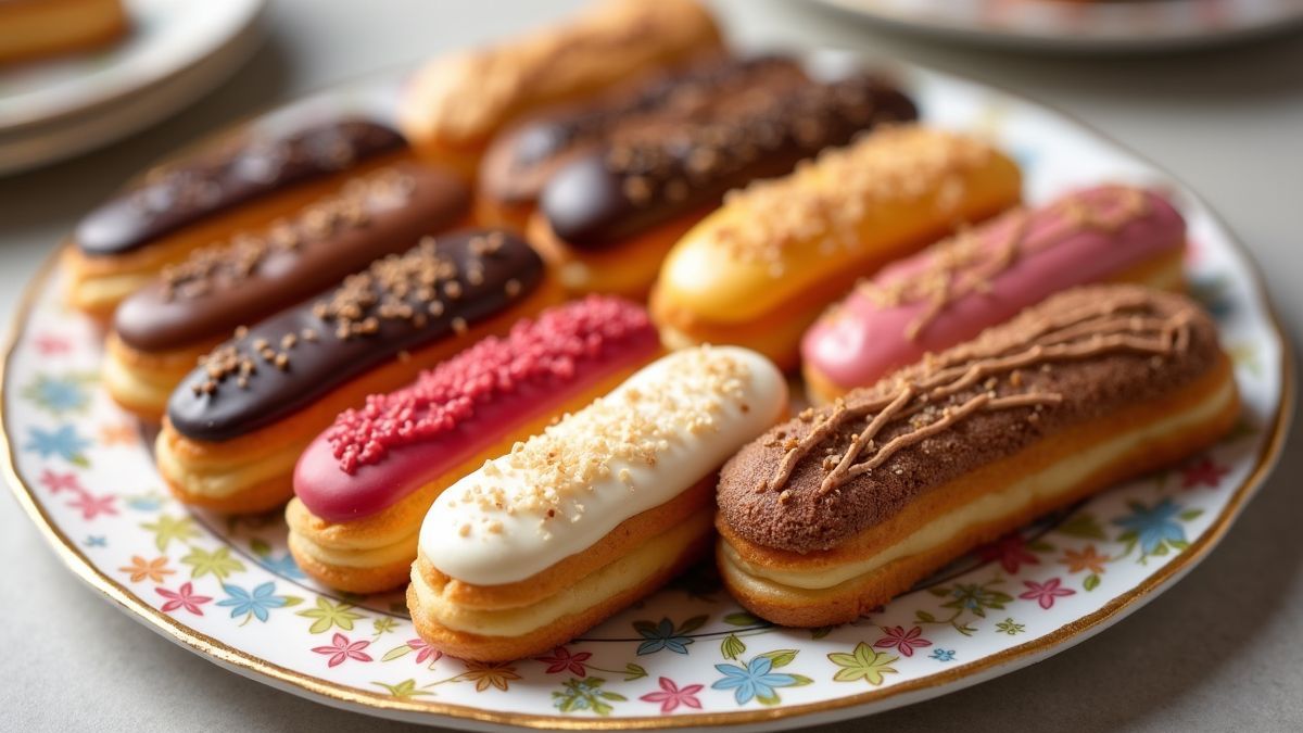 Verschillende gekleurde éclairs op een decoratieve schotel