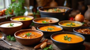 Verschillende huisgemaakte soepen in een gezellige Belgische keuken.