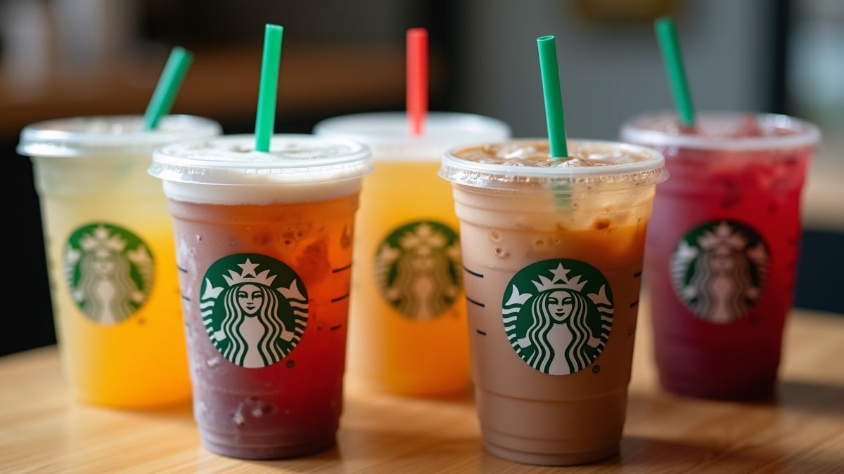 Verschillende kleurrijke Starbucks dranken op een tafel