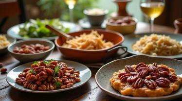 Een verscheidenheid aan pecannoten met culinaire items.