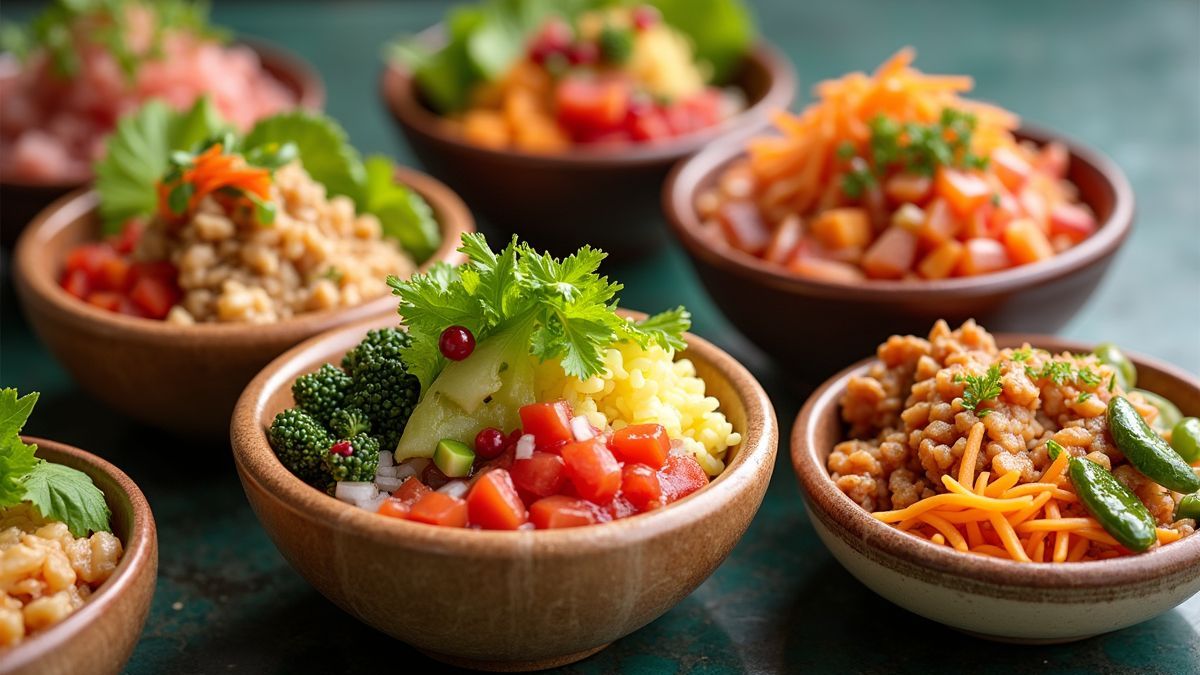 Verschillende poke bowls met diverse toppings