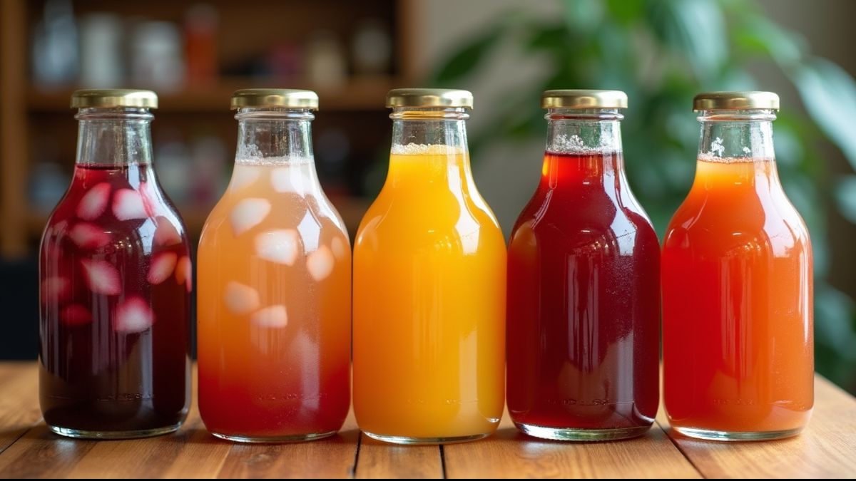 Verschillende smaken kombucha op een houten tafel