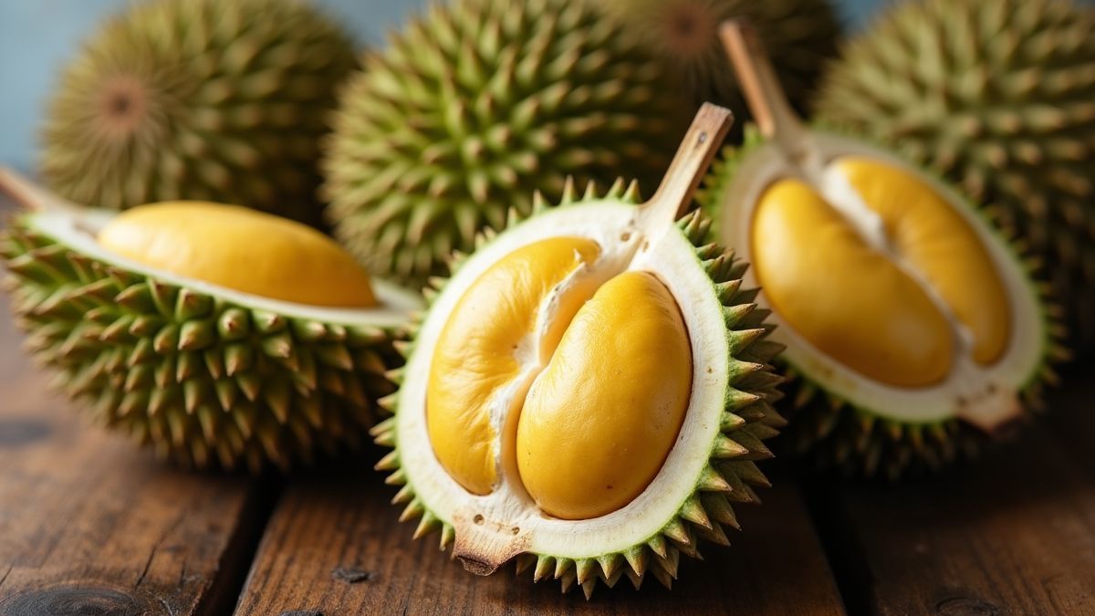 Verschillende soorten durians op een houten tafel
