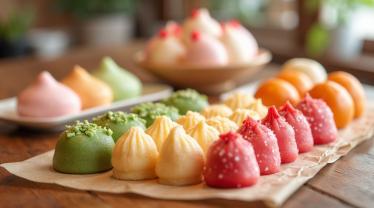 Verschillende soorten mochi op een houten tafel