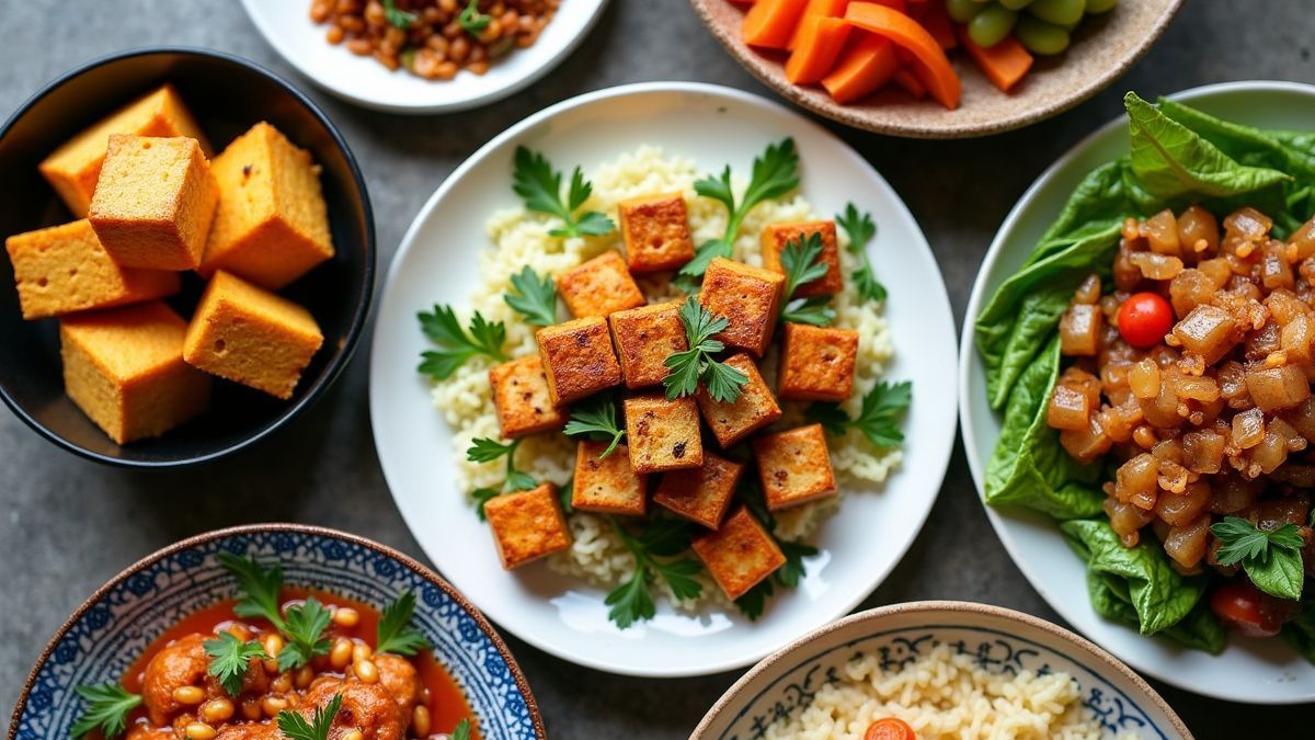 Verschillende tofu-gerechten mooi gepresenteerd