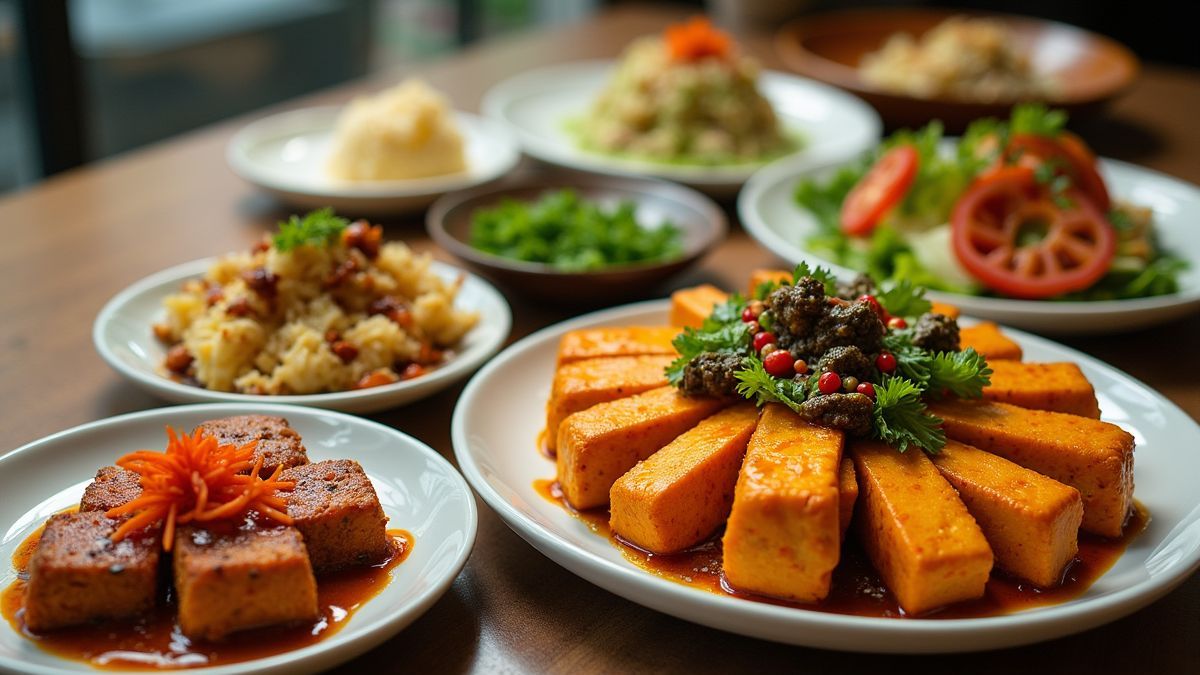 Verschillende tofu-gerechten mooi gepresenteerd
