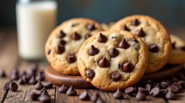 Verse chocoladechip koekjes op een houten tafel.
