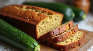 Verse courgettebrood op een houten snijplank met courgettes ernaast.