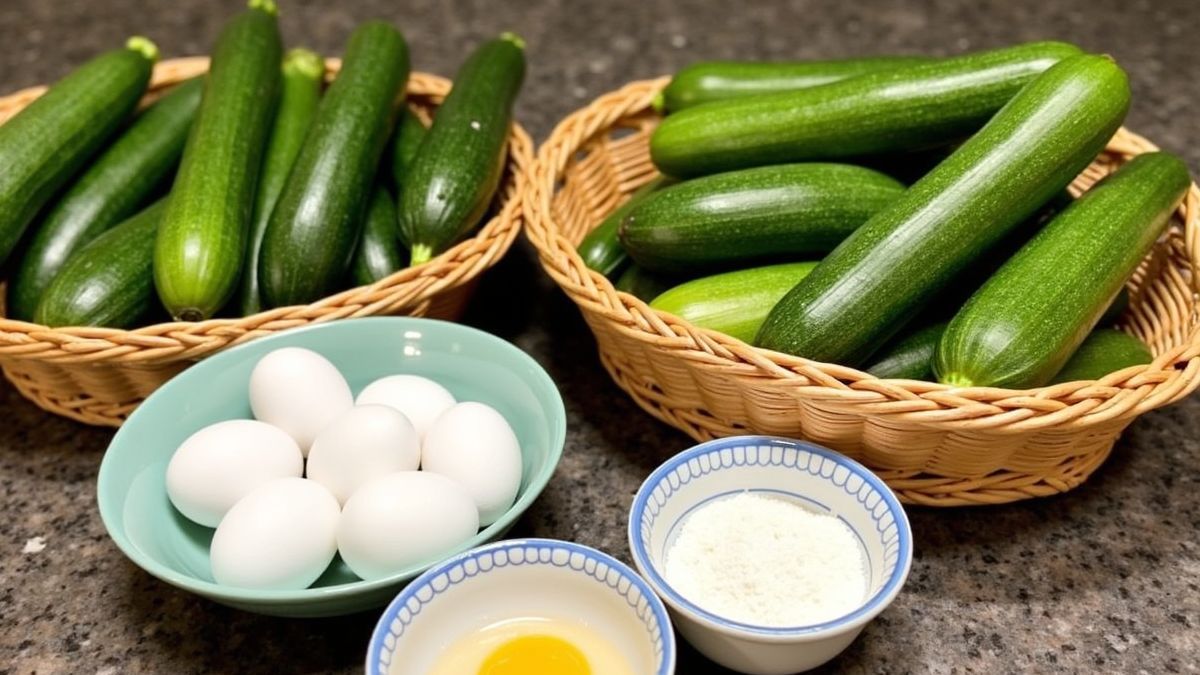 Verse courgettes samen met ingrediënten voor courgettebrood.