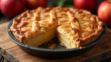 Versgebakken appeltaart met een stuk eruit, omringd door appels