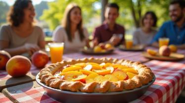 Perziken taart op een houten tafel