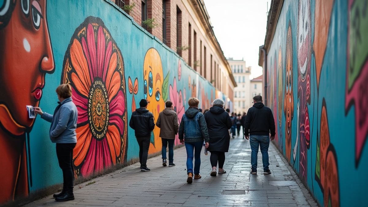 Vibrant street art festival met kunstenaars die muurschilderingen maken.