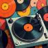 Vier verschillende vinylplaten op een houten oppervlakte met een draaitafel