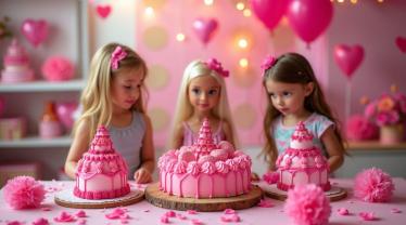Viering van Barbie Dag met kinderen en Barbie-taarten.