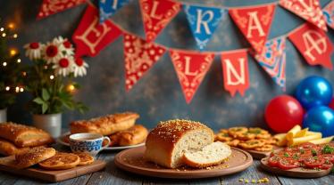 Viering van de Russische Taal Dag met eten en decoraties.