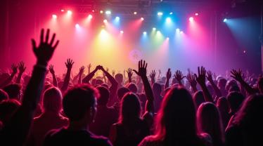 Viering van Rock ‘n’ Roll Dag met kleurrijke lichten en gitaren.