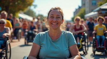 Groep mensen in rolstoelen die samen vieren in een park.
