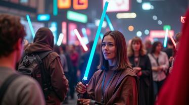 Viering van Star Wars Dag met fans in kostuums.