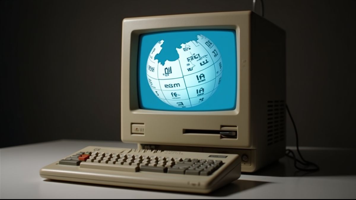 Vintage computer met Wikipedia-logo uit 2001