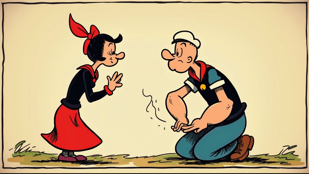 Vintage stripafbeelding van Popeye en Olive Oyl.