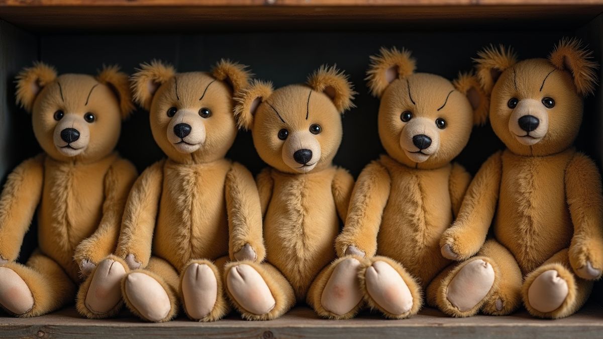 Vintage teddyberen van verschillende ontwerpen en tijdperken.