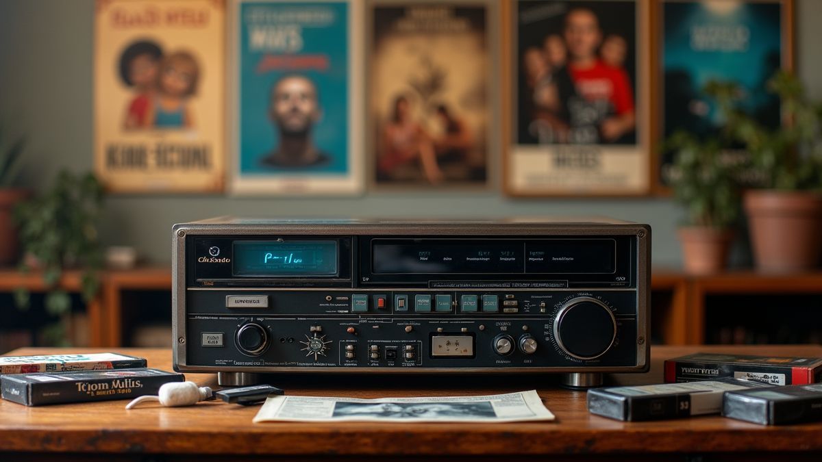 Vintage videorecorder met VHS-banden en nostalgische filmposters