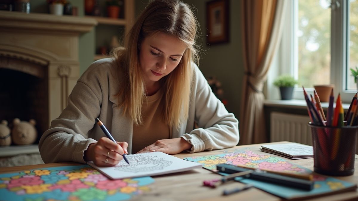 Volwassene kleurt in een gezellige woonkamer