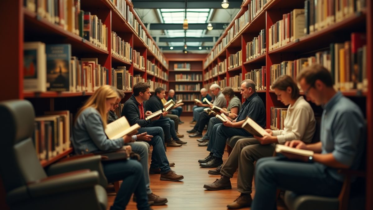 Volwassenen lezen boeken in een bibliotheek.