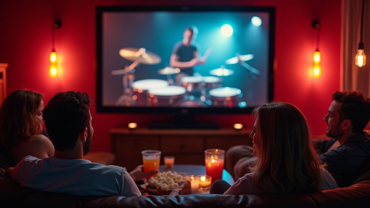 Vrienden die een film over drummers kijken